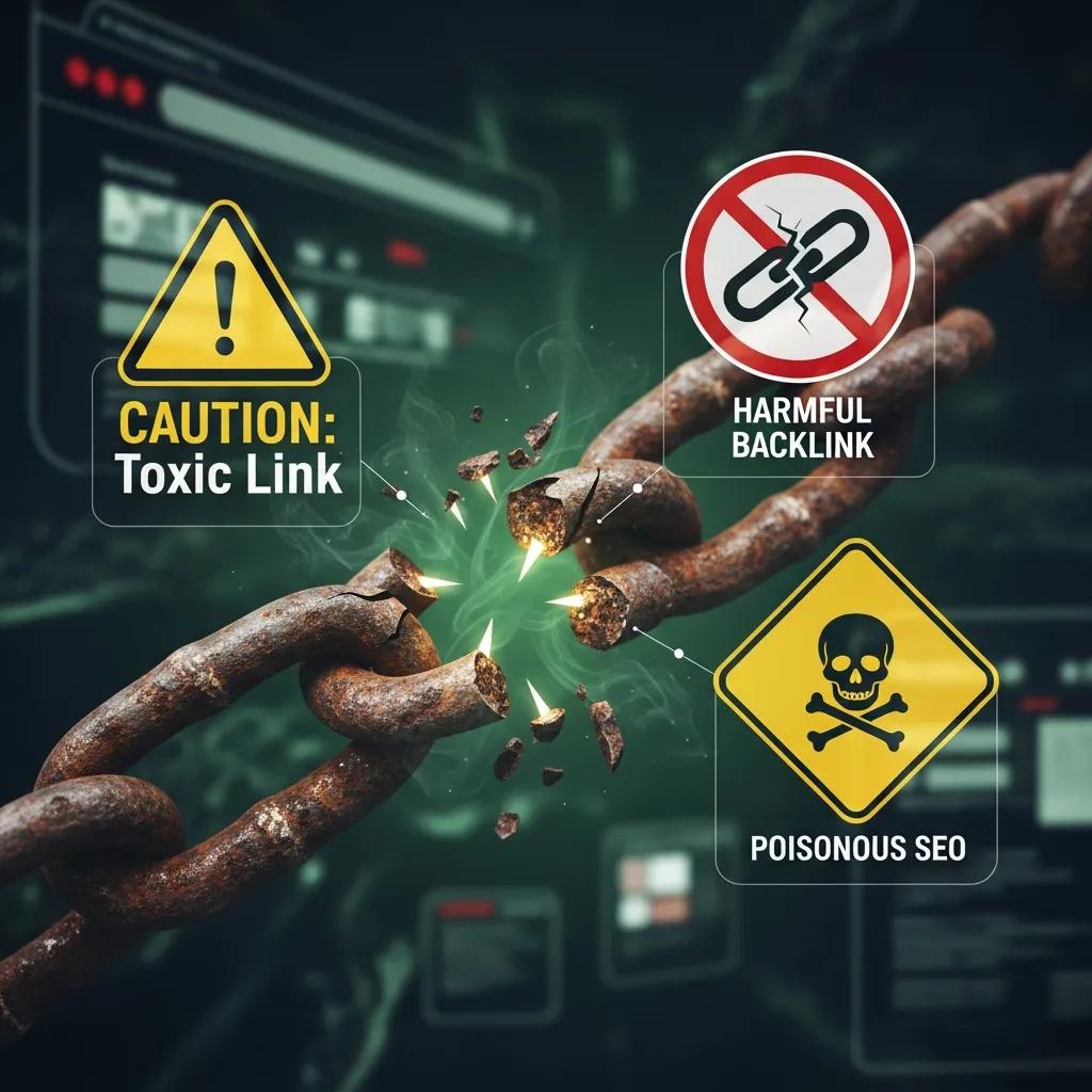 Symbolic broken chain representing toxic backlinks with warning markers in a digital scene