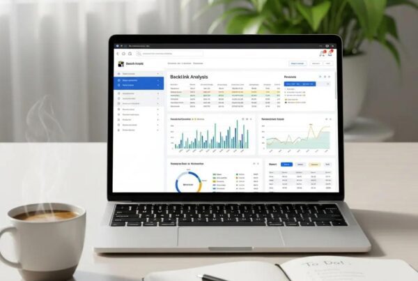 Workspace showing backlink analysis on a laptop with a coffee cup and notepad
