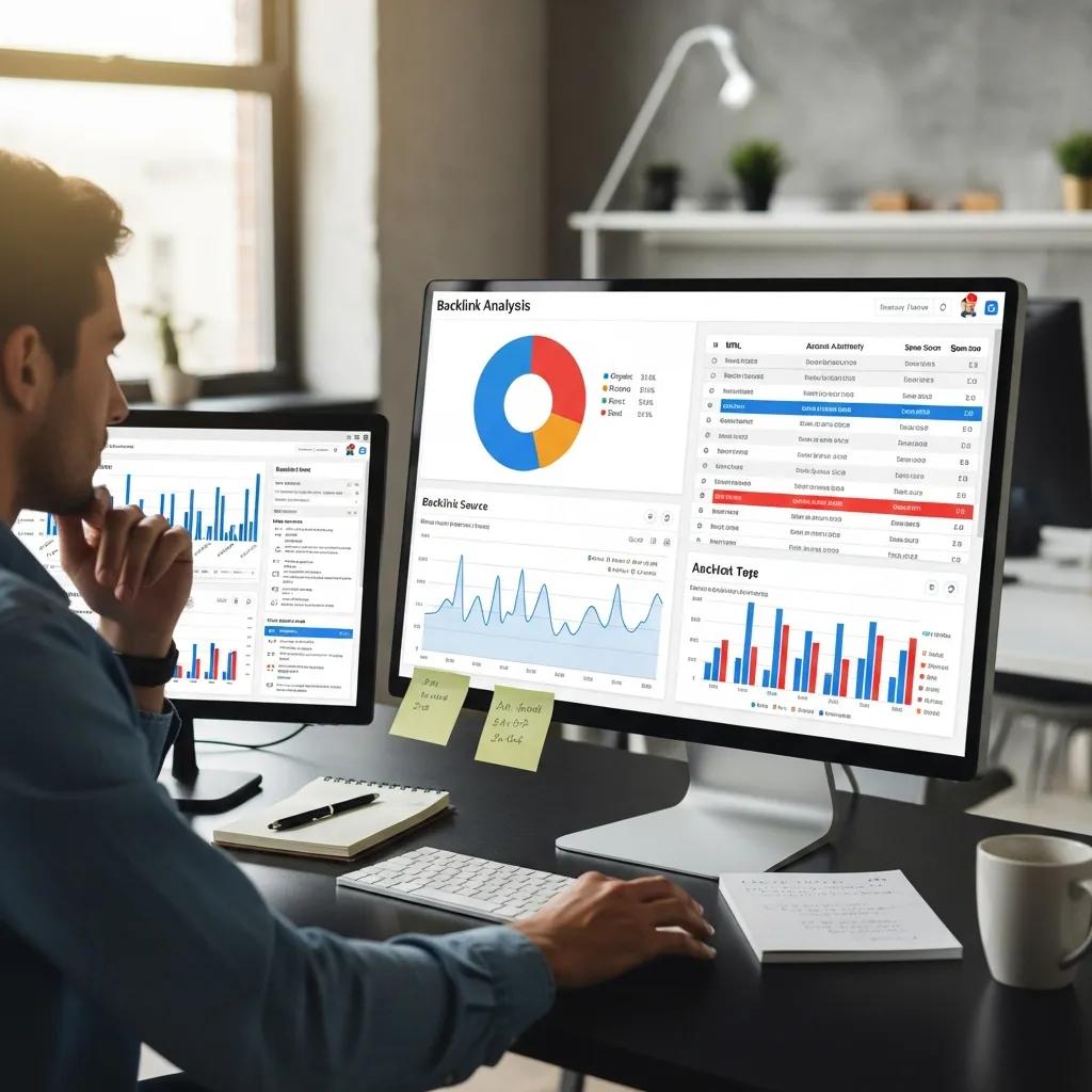 Person reviewing backlink data on a monitor in a modern office
